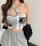 Nukty irregular spaghetti strap tank top woman newspaper letter print wirefree bra camis for women camisole new trend