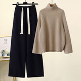 Nukty Autumn Winter Warm Knitted Suit Women Long Sleeve Half Turtleneck Knitting Sweater And Wide Leg Pants Sets Outer Wear Loose Set