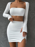 Nukty 2 PCS Sexy White Mini Dress Set Long Sleeve Top Summer Skirts Suits Bodycon Women Party Short Split Dress Suit