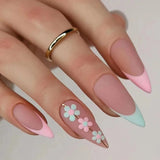 24Pcs False Nails With Glue Almond Pink Butterfly Design Detachable Rhinestones Acrylic Fake Nails long stiletto Press On Nails