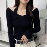 Fake Two-Piece Halter White Sweater T-shirt Women's Autumn New Long Sleeve Slim Tight Bottoming Sweater Top