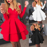 Nukty Elegant Women Long Sleeve V Neck Off Shoulder Large Swing Ruffled Hem Mini Dress