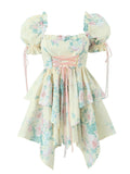 Nukty Women Summer Fashion Sweet Floral Print Mini Dress Vintage Square Collar Chic Wood Ear Princess Dresses