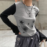 Star Girl Y2k Print Patchwork Long Sleeve Casual Harajuku T-shirt Women 90S Vintage Gothic Grunge Basic E-girl Autumn Tops