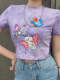 Nukty Cute Crop Top T-shirts Tie Dye Summer Tops Casual Cat Print Graphic Tees Short Sleeve T-shirt Ladies Purple Tee Shirt Basic Top