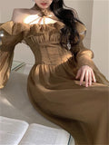 Nukty Fairycore Dress for Women Fashion Sweet Ruffle Slash Neck Backless Vintage Dress Elegant Long Sleeve Women Dress