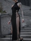 Nukty Cosplay High Split Sexy Bandage Women Dresses Y2K Mall Gothic Halter Slim Midi Dress Black Grunge Style Alt Partywear