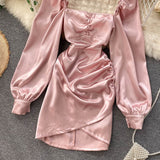 Nukty Pink Satin Dress Puff Sleeve Square Collar Ruched Mini Dress Solid Sexy Streetwear Outfits Ladies Club Party Vestidos