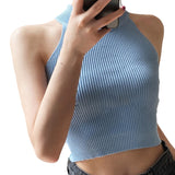 Nukty Women Ribbed Halter Tank Crop Tops Summer Spring Base T-shirt Harajuku Adults Sleeveless Solid Color Round Neck Knit Tops