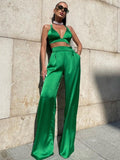 Sexy Silky Satin Camis Crop Top and Pants 2 Piece Sets Women Fashion High Waist Pants Matching Sets Outfits Streetwear