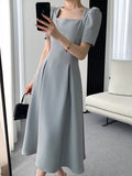 Nukty Vintage Square Collar Casual French Midi Dress for Women Elegant Party Ladies Pleated A-Line Femme Fashion Bodycon Dress Summer