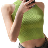 Nukty Women Ribbed Halter Tank Crop Tops Summer Spring Base T-shirt Harajuku Adults Sleeveless Solid Color Round Neck Knit Tops