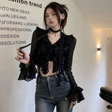 Nukty Women Lace Blouses  Y2k Crop Top Sexy Gothic GrungeFemale Shirts Elegant Black Transparent Cardigan Korean Streetwear