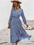 Spring Autumn Long Bandage Print Dress For Women New V Neck Full Sleeve Hight Waist Winter Maxi Dresses Ladies Elegant