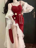 Nukty French Vintage Fairy Mermaid Dress Women Lace Korean Party Princess Strap Dress Female Spring Court Sweet Lolita Midi Dress