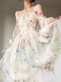 Nukty French Elegant Floral Midi Dress Chiffon Long Sleeve Evening Party Dress Woman Beach Fairy One Piece Dress Korean Summer