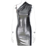 Nukty Pu Leather One Shoulder Sleeveless Draped Mini Prom Dress Summer Fall Women Elegant Y2K Evening Party Club Clothes