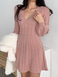 Nukty Vintage V-neck Lantern Sleeve Knit Elegant Vestidos De Mujer Fashion Korean Sweater Bodycon Y2K Mini Dress Women Clothing Autumn