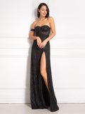 Nukty Off Shoulder Sparkle Glitters Floor Length Split Party Maxi Dress Full Lining Padded Backless Long Black Dress