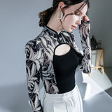 Nukty Printed Mesh Sexy Long Sleeve T Shirts Women Hollow Out Chinese Style Vintage Collar Patchwork Tee Shirt