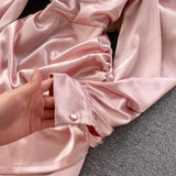 Nukty Pink Satin Dress Puff Sleeve Square Collar Ruched Mini Dress Solid Sexy Streetwear Outfits Ladies Club Party Vestidos