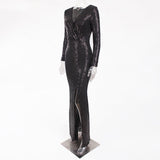 Silver Sequined Maxi Dress Black Green V Neck Evening Party Wrap Dress Stretchy Full Sleeved Long Lining Low Slit Leg