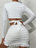 Nukty 2 PCS Sexy Ruffle Mini Dress Set White Deep V Top Summer Skirts Suits Bodycon Women Party Tight Short Dress Suit