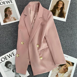 Nukty Women Casual Blazer Double Breasted Suit Jacket Korean Version Pure Color Loose Fashion Suit Jacket Simple Office Ladies Tops