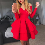 Nukty Elegant Women Long Sleeve V Neck Off Shoulder Large Swing Ruffled Hem Mini Dress