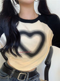 Vintage Slim Long Sleeve T Shirts Women Y2K Harajuku Heart Print Crop Tops Kpop Grunge Casual Patchwork Aesthetic Tees
