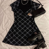 Nukty E-girl Harajuku Grunge A-line Derss Y2K Aesthetics Fairy Vintage Plaid Mini Dress Elegant Lady Square Collar Women Streetwear