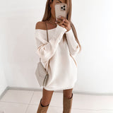 Nukty Sexy Off Shoulder Long Sleeve Sweater Dress Women Spring Loose Casual White Knitted Long Top Woman Mini Dresses Pull Femme