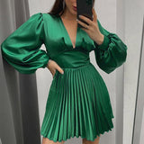 Nukty Women Summer Vintage Klein Blue Draped Lantern Sleeves V Neck Mini Dress Female Satin Stitching Pleated High Waist Dress