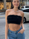 Fur Pink Crop Top Sexy Corset Black Strapless Tank Top Summer Sleeveless Backless Top Off Shoulder Vest Cami Women Clothing