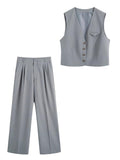 Nukty Suits Spring OL Style Sets Women Casual 2 Piece Sleeveless Blazer Cropped V Neck Vest + Loose Long Pants Grey