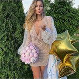 Nukty Sexy Sequins Women Party Mini Dress V-Neck Lantern Long Sleeve Female Night Club Evening Dresses Bodycon Short Dress Summer