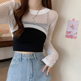 Nukty New Women Solid Sweater O-Neck Cropped Sweater Pullover Crop Top Female Short Sleeve Hollow Out Super Cropped Sweaters Shirts