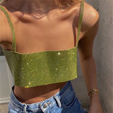 Glitter Crop Top Sexy Sleeveless Tank Tops Off Shoulder Tank Cami Super Short Party Club Outfits Bling Sequin Y2K Women Clothing