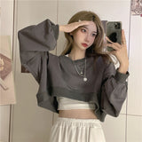 Women Pullover Solid Cropped Hoodies Long Sleeves Loose Sweatshirts Casual Crop Tops for Spring Autumn Winter Mujer
