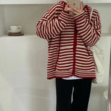 Nukty Autumn Winter Red Stripes Hooded Knit Cardigan Woman Korean Fashion Loose Casual Sweater Zipper Coat Oversized Long Sleeve Top