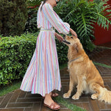 Nukty Retro Rainbow Color Stripe Boho Dress Women Elegant V-neck Print Long Dress Casual 3/4 Sleeve Loose Beach Dress Cover Up