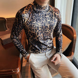 Nukty Flannel T-shirt Winter Men High Collar Pullover Fashion Leopard Slim Fit T-shirt Long Sleeved Velvet Casual Bottoming Shirt