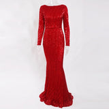 Elegant O Neck Long Sleeve Sequin Maxi Dress Floor Length Stretchy Bodycon Party Dress Gold Green Burgundy Red