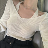 Fake Two-Piece Halter White Sweater T-shirt Women's Autumn New Long Sleeve Slim Tight Bottoming Sweater Top