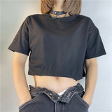 Nukty Harajuku Butterfly Wings Black T-shirt Sexy Hollow Out Short Sleeve Crop Top E-girl Dark Academia Grunge Pullovers Tees Women