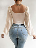 Nukty Fashion Sexy Low-cut Long Sleeve Crop Tops Women Summer Autumn Slim Solid Top Femme And Blouses Chiffon Shirt