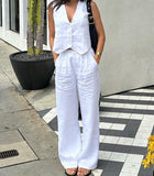 Nukty Summer White Linen Two Piece Set For Women Fashion Sleeveless Tank Top New In Matching High Waist Wide Pants Set