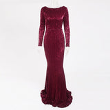 Elegant O Neck Long Sleeve Sequin Maxi Dress Floor Length Stretchy Bodycon Party Dress Gold Green Burgundy Red