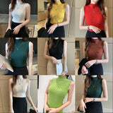 Nukty Women Ribbed Halter Tank Crop Tops Summer Spring Base T-shirt Harajuku Adults Sleeveless Solid Color Round Neck Knit Tops