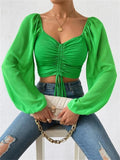 Nukty Fashion Sexy Low-cut Long Sleeve Crop Tops Women Summer Autumn Slim Solid Top Femme And Blouses Chiffon Shirt